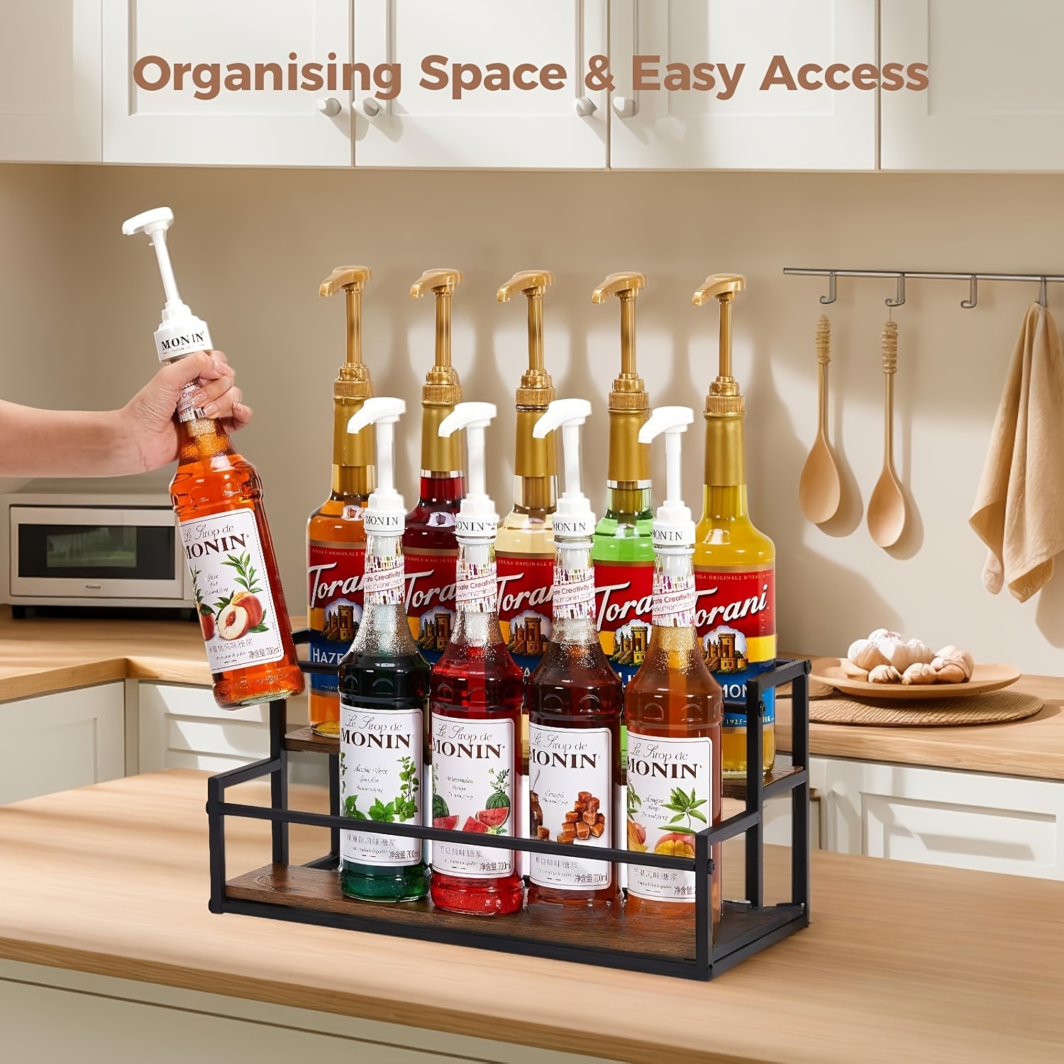 2-Tier Kitchen Storage Rack with Wooden Base, Space-Saving Spice Shelf