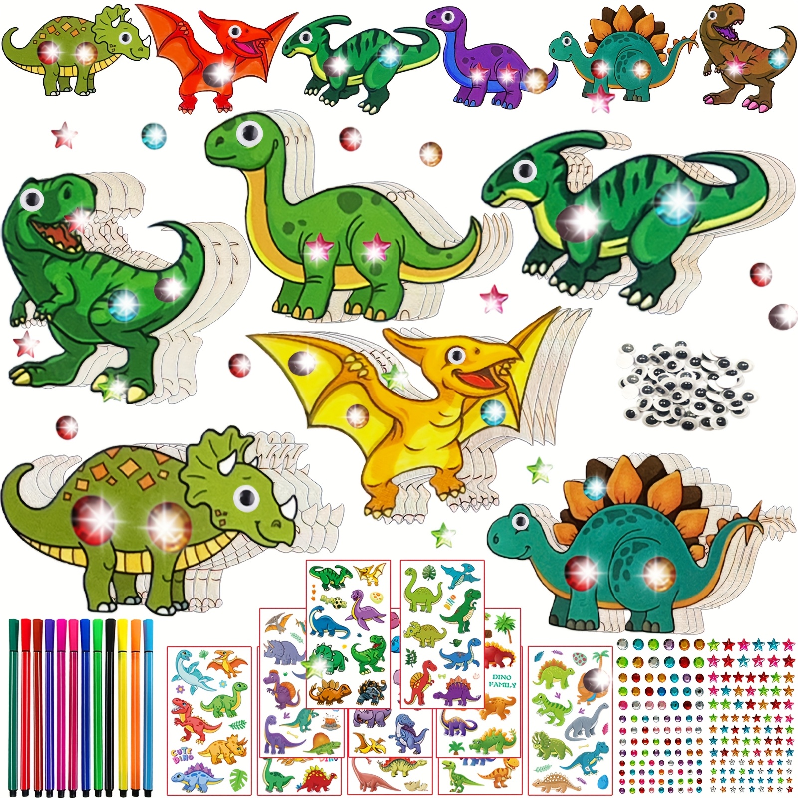 

270pcs Dinosaur Diy Craft Kit, Wooden Crafts, Craft Kit, Includes 324 Wooden Dinosaurs, 12 Pens, 2 Stickers, 30 Eyes, For Girls/boys Birthday Party Diy Crafts