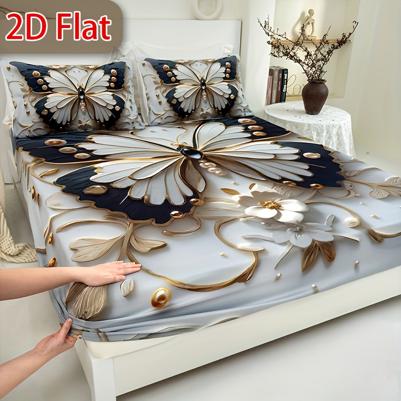 TEMU 2d Flat, 3pcs Black White Flower Bed Sheet(1pc Bed Sheet+2pcs Pillowcase No Filling), Deep Pocket In 15 Inch Machine Washable, Hypoallergenic,