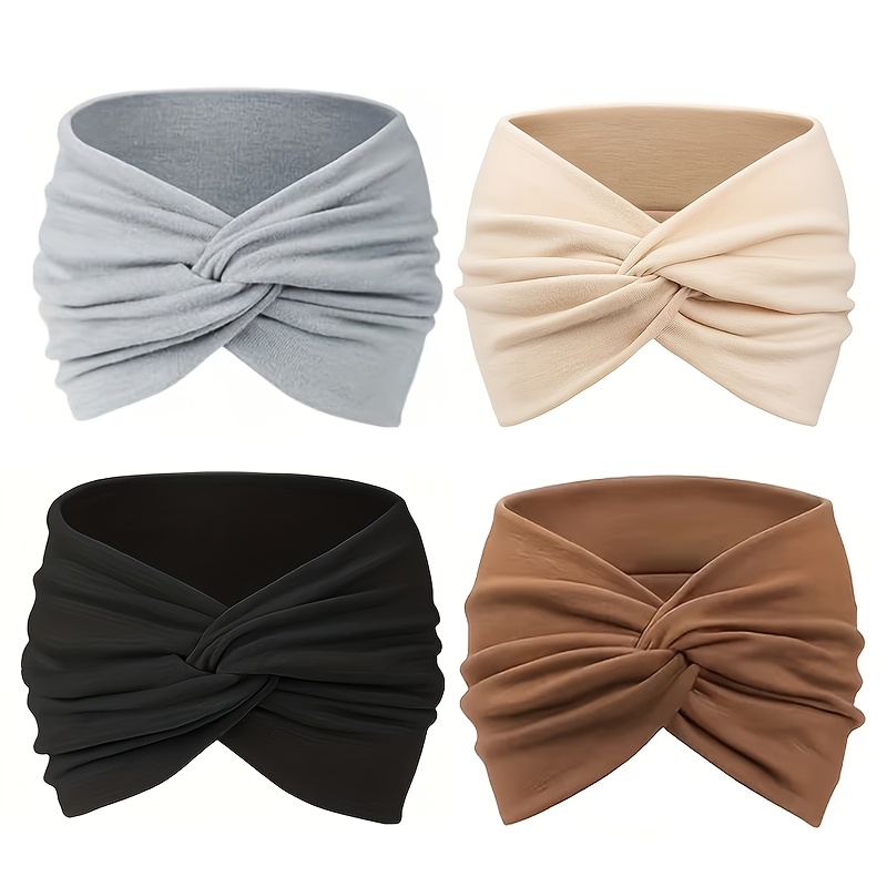 TEMU Lot de 4 bandeaux d'entraînement de couleur unie pour femme, bandeaux de yoga doux et extensibles, serre-têtes de sport antidérapants, ensemble