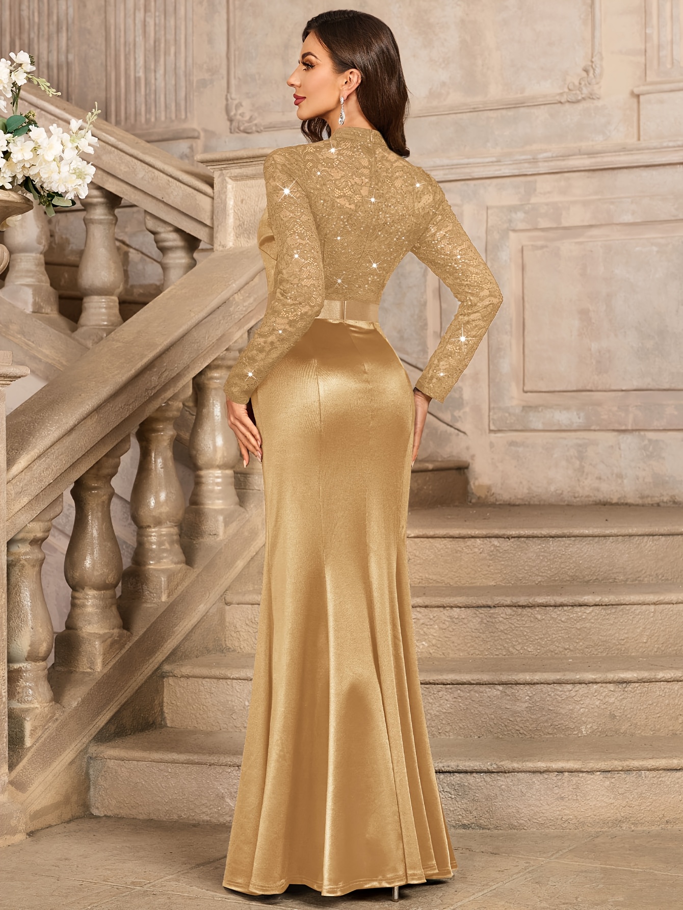 gold sequin turtleneck dress 54506a womens elegant small long sleeve YCRF_apparel