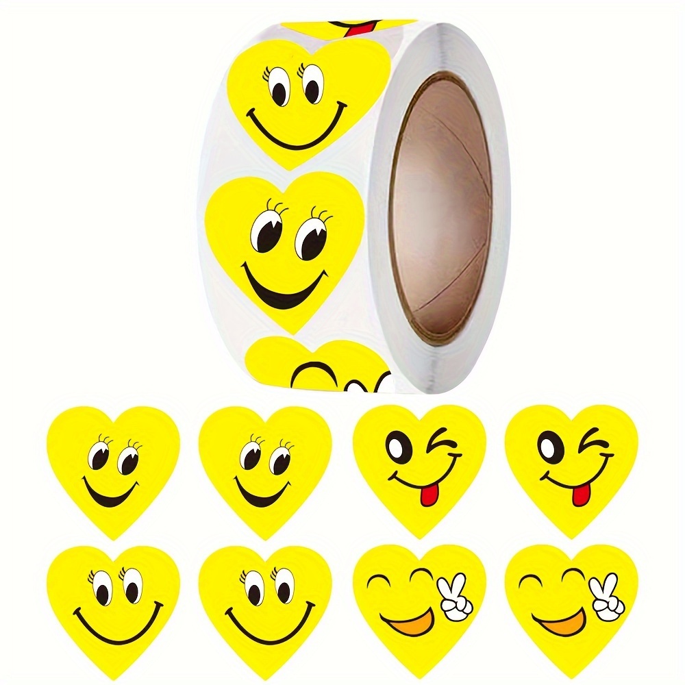 

500pcs/roll Kawaii Yellow Heart Shape Face Stickers Various Emoticons 2.5cm/1.0in Dly Decoration Label Perfect For Learning Rewards Games Gift Seal Labels Self Adhesive Stickers
