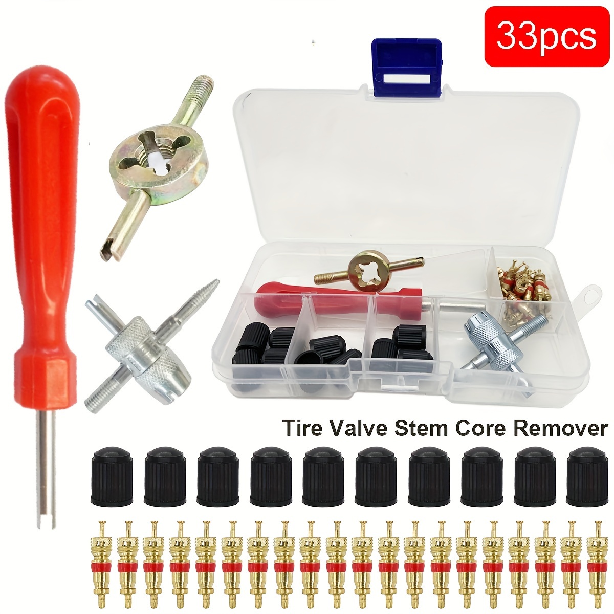 

33pcs Car Bicycle Slotted Handle Tire Valve Stem Core Remover Screwdriver Tire Repair Install Tool Kit, Auto Motorcycle Accessories