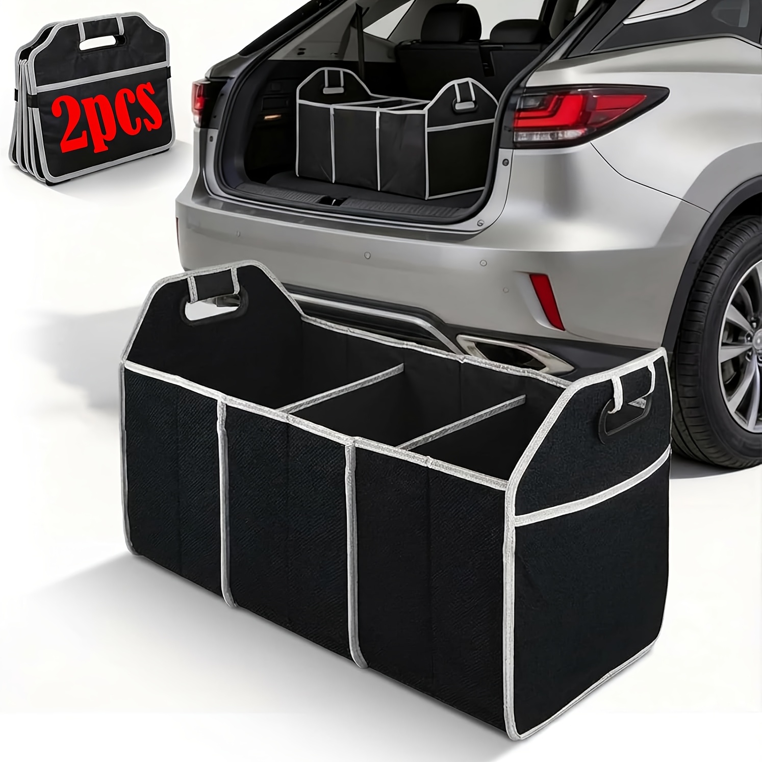 TEMU 2pcs Car Trunk Organizer, Foldable Storage Organizer With 3 Compartments, Trunk Organizers Large Capacity Storage Box, Portable Bag For Cargo