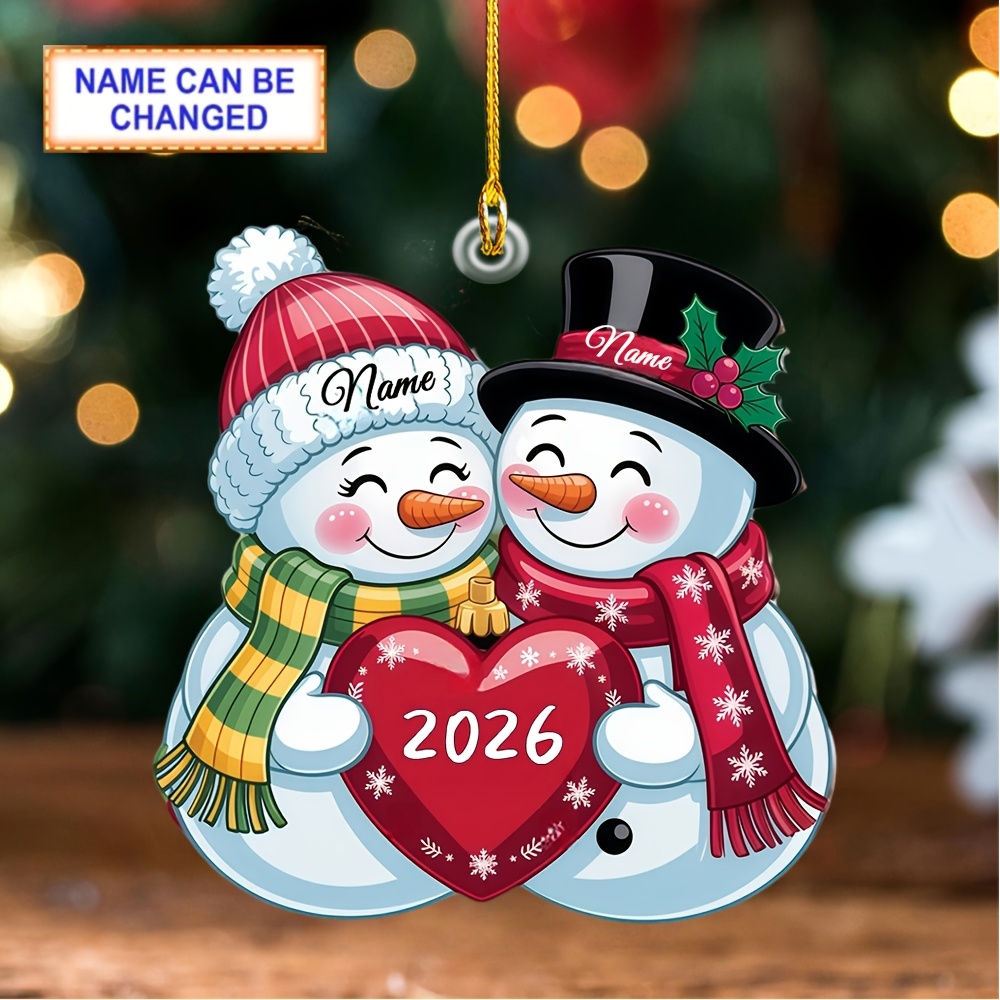 TEMU Ornement en acrylique personnalisable avec nom de couple, homme de neige, houx irrégulier, de neige, cœur, ruban décoratif, pendentif
