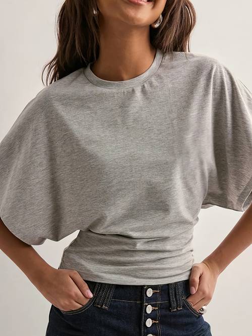 womens elegant t shirt loose fit batwing sleeves soft breathable fabric for everyday formal outfits minimalist chic summer t shirts casual wear pleated details comfortable texture stylish blouse fashion women versatile blouse lightweight texture