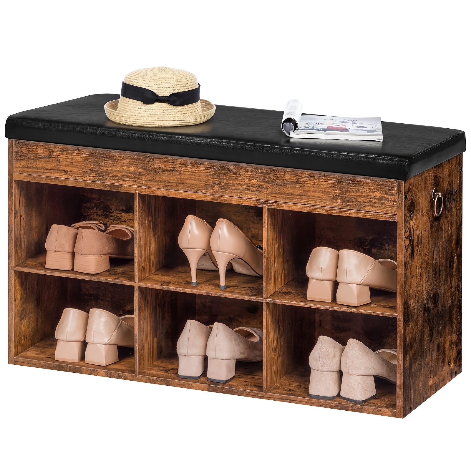 Image of Shoe Bench, Padded Bench, Shoe Rack With Storage Space Under Seat, Shoe Cabinet With 6 Open Compartments, Load 135 Kg, For Entrance, Hallway, Living Room, Bedroom
