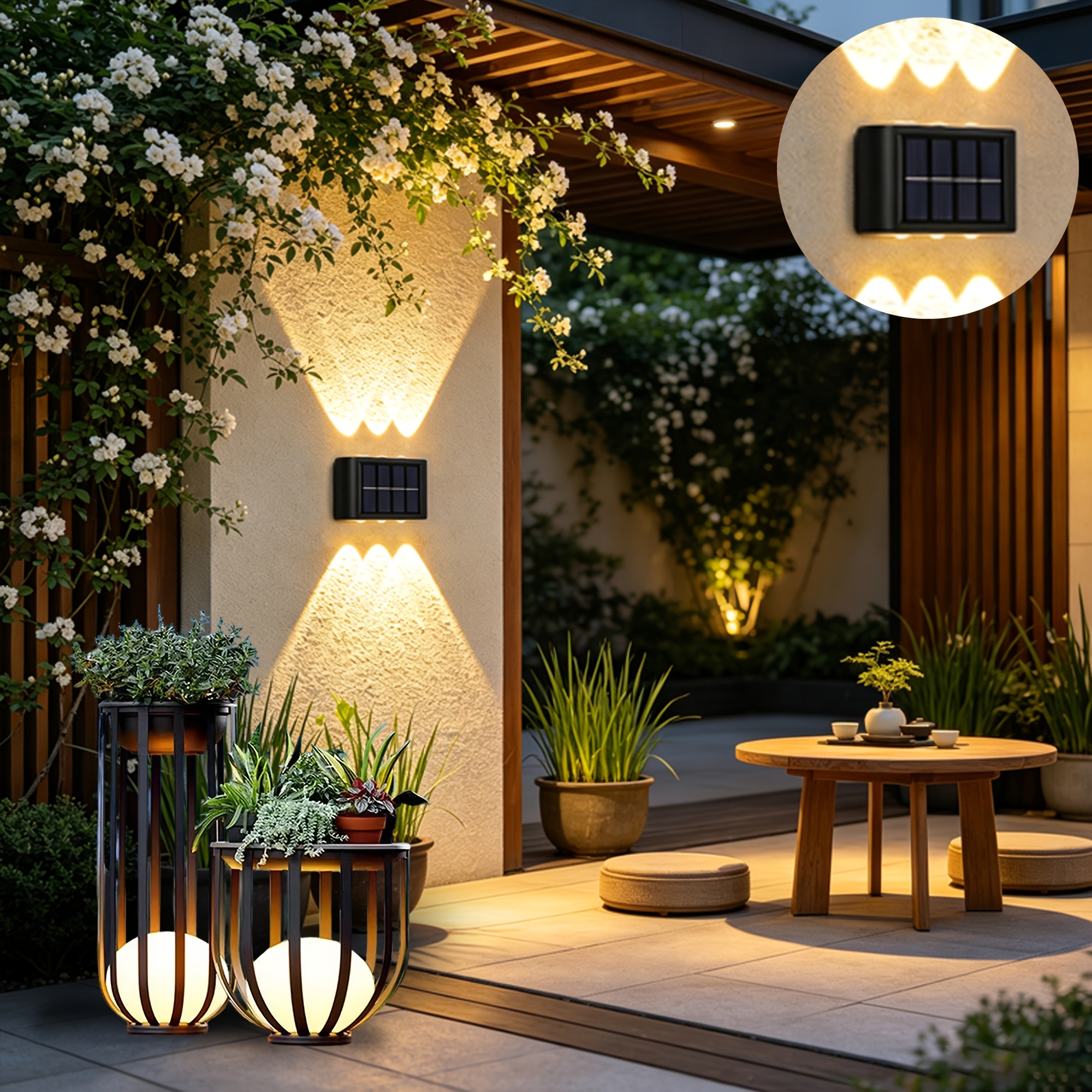 TEMU 6 LED Lampes Murales Solaires Haut et Bas, Éclairage Extérieur, Lampes de Décoration Murale Extérieure, Lampes LED Paysagères Domestiques,
