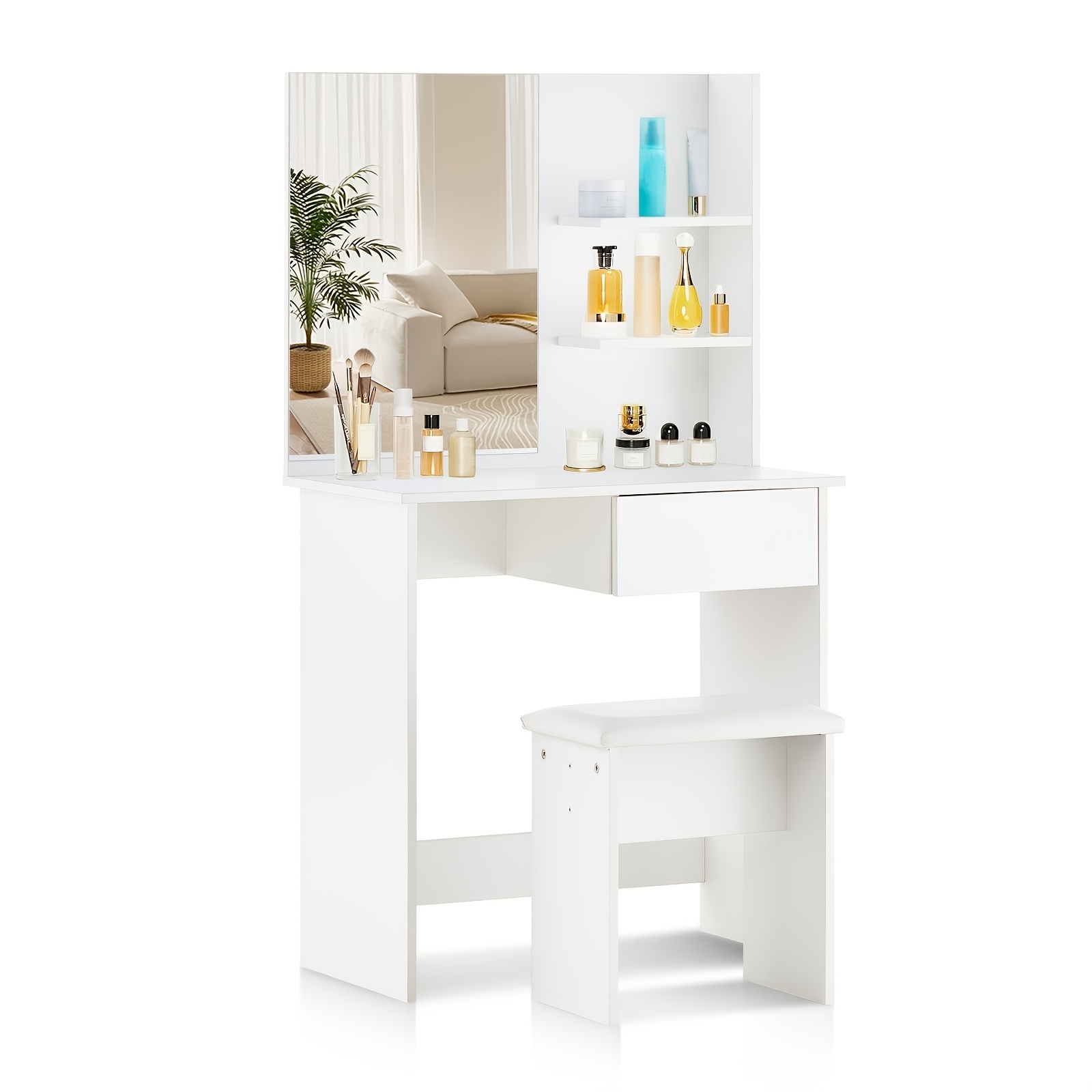 Image of Dressing Table With Mirror And Stool, 1 Drawer 3 Shelves Vanity Table Makeup Table White Modern Wooden Dresser For Bedroom