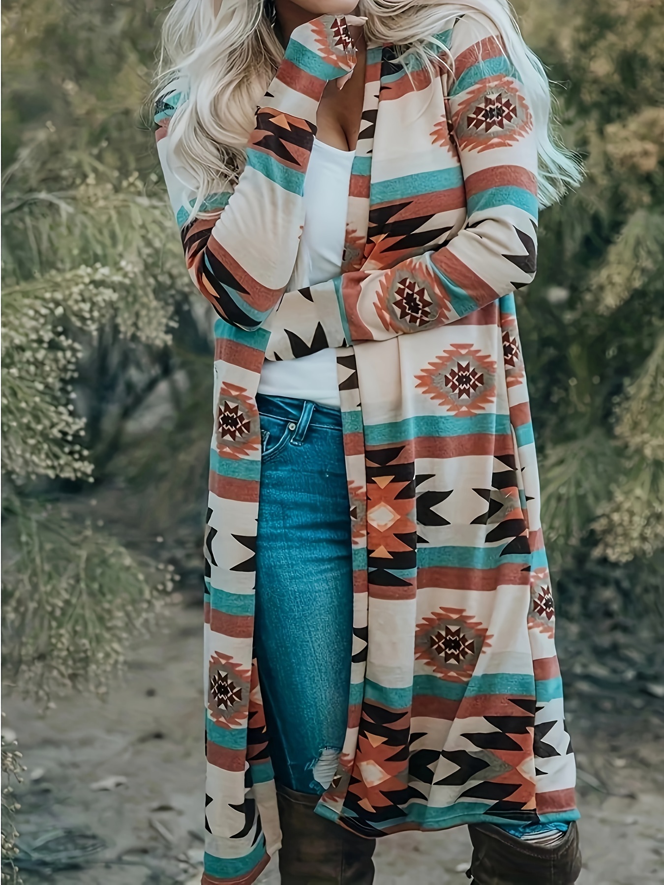 plus size tribal pattern cardigan women casual polyester Temu