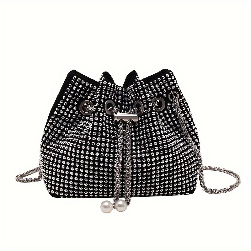 TEMU Rhinestone Chain Drawstring Bucket Bag - Pu Leather Clutch Crossbody For Women, Glitter Bag, Suitable For Carnival, Music Festival, Birthday Celebrations