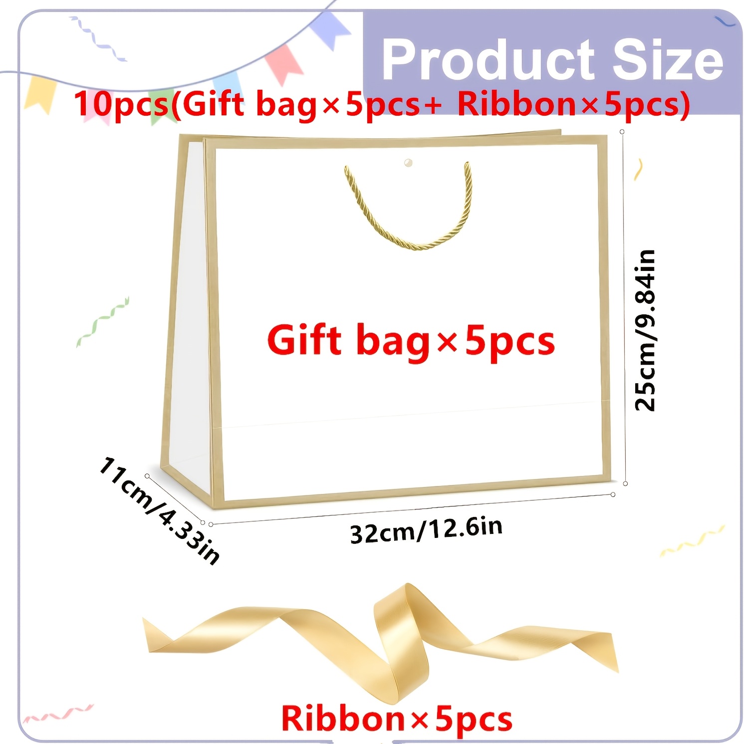 TEMU 10 pièces (5 dorés + 5 sacs cadeaux blancs) Sacs cadeaux blancs premium avec bords dorés, ornés de dorés. Ces sacs cadeaux en papier sont