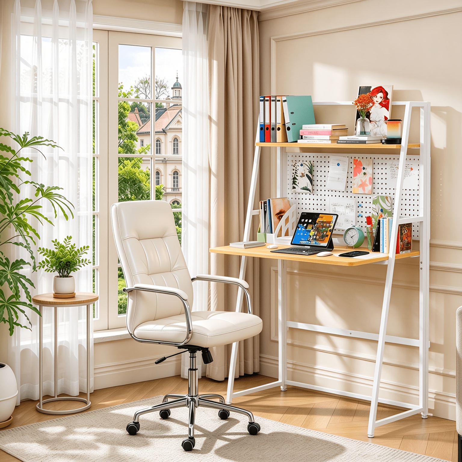 Image of The Learning Table Ergonomics, A Foldable Desk, A Double -layer Storage Shelf, A Storage Table, And A Learning Table With Diy Cave Boards Facilitate Small Spaces And Light Brown.