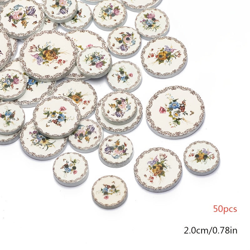 TEMU 20mm 50pcs White Background Printed Wooden Buttons, Double Hole For Jewelry Making, Crafts, Bracelets And Necklaces - Durable Loose Beads, Beads