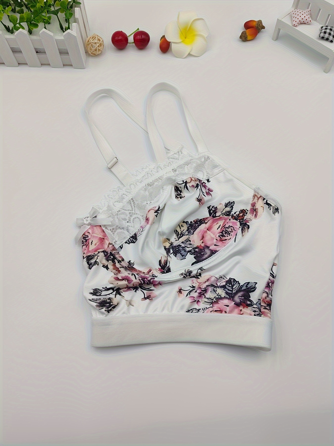 Plus Size Elegant Bra, Women's Bow Decor Floral Print Contrast Lace Fashion Bralette