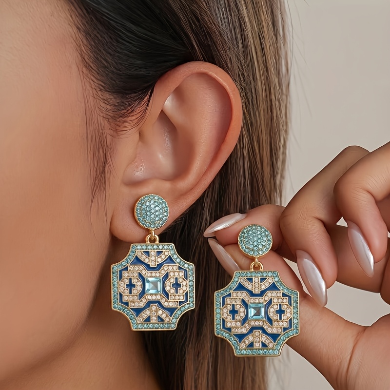 Image of 1 Pair Of Western Fashion Retro Trendy Exquisite Elegant Inlaid Synthetic Rhinestone Drop Earrings, Suitable For Women' Banquet Party Dress Jewelry Gift
