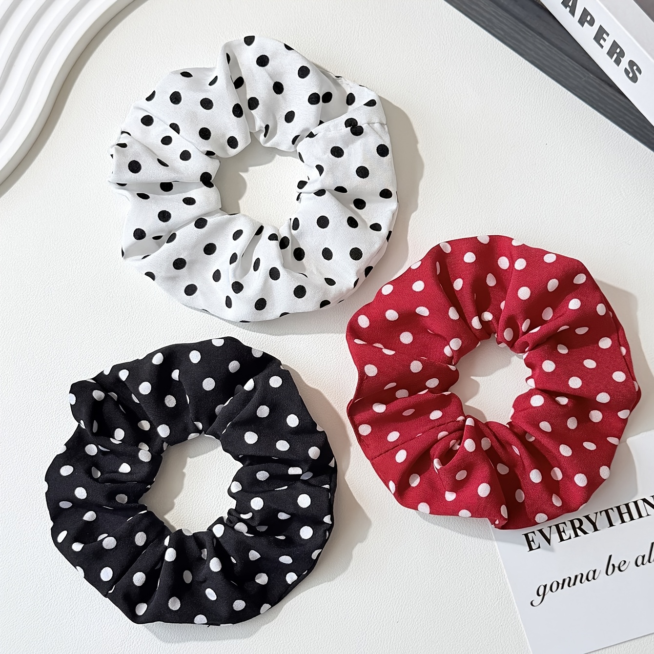 TEMU 3pcs Women's Elegant And White Polka Dot Hair Ties, Black And White Polka - Vibrant Cute Color Matching, Back Of Head Updo Half-up Hairstyle