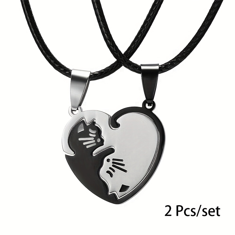 TEMU 2 piezas/juego de collares con colgante de gato de acero inoxidable, negro y plateado, dije de animal, cadena de cuerda de PU, gargantilla de