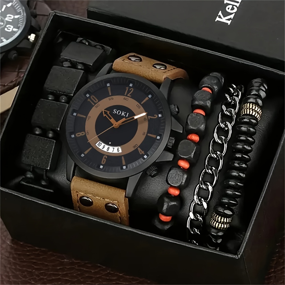 

5pcs Set Hip Hop Fashion Mens Bracelet Watches For Men Calendar Quartz Wrist Watch Male Casual Leather Watch Reloj Hombre