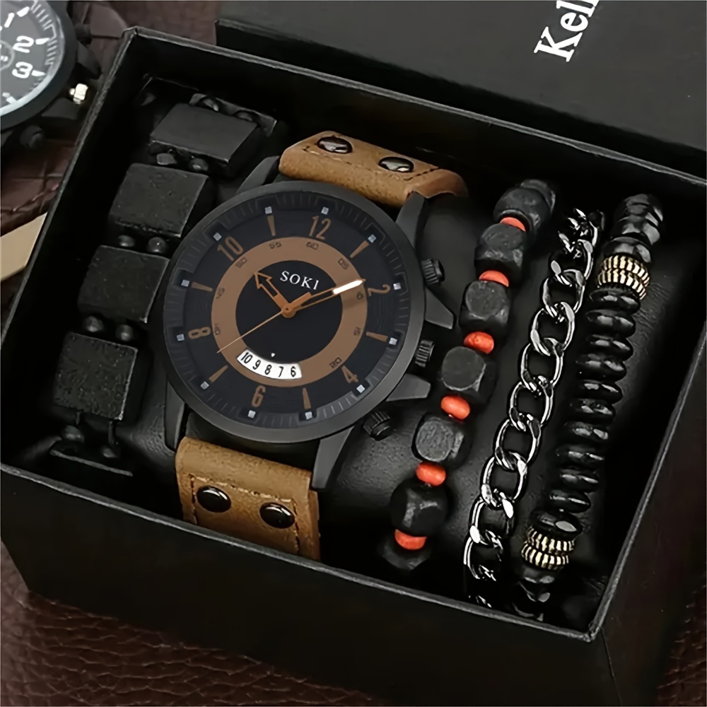 

5pcs Set Hip Hop Fashion Mens Bracelet Watches For Men Calendar Quartz Wrist Watch Male Casual Watch Reloj Hombre