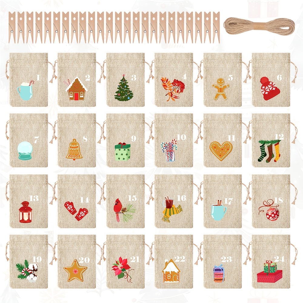TEMU 24 sacs de calendrier de l'Avent de Noël, sacs cadeaux en lin avec cordon de serrage, motif maison d' et homme d', avec impression de chiffres,