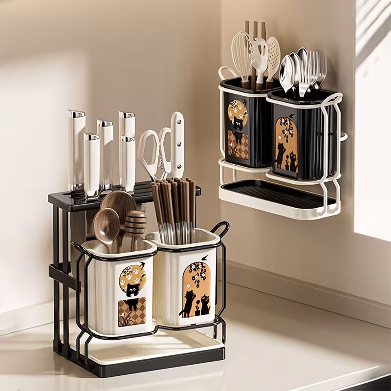 multifunctional kitchen countertop cutlery organizer stainless steel with drip tray ideal for knives forks and chopsticks storage suitable for home and commercial use Product details 1