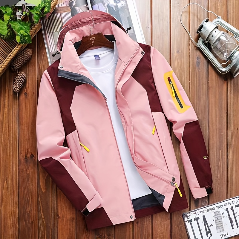 Chaqueta ligera con capucha para mujer, resistente al viento, diseño de bloques de colores contrastantes, con bolsillos con cierre, cierre duradero con cremallera, tela de alta calidad para exteriores, ideal para primavera/otoño
