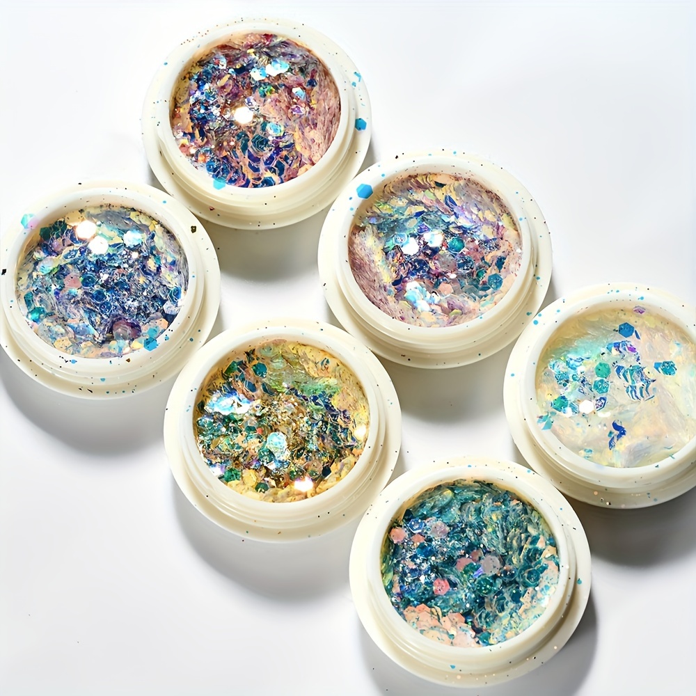 TEMU 6pcs Holographic Glitter Sequins & Flakes - Iridescent, Nail Art Charms For Diy Manicure Decorations
