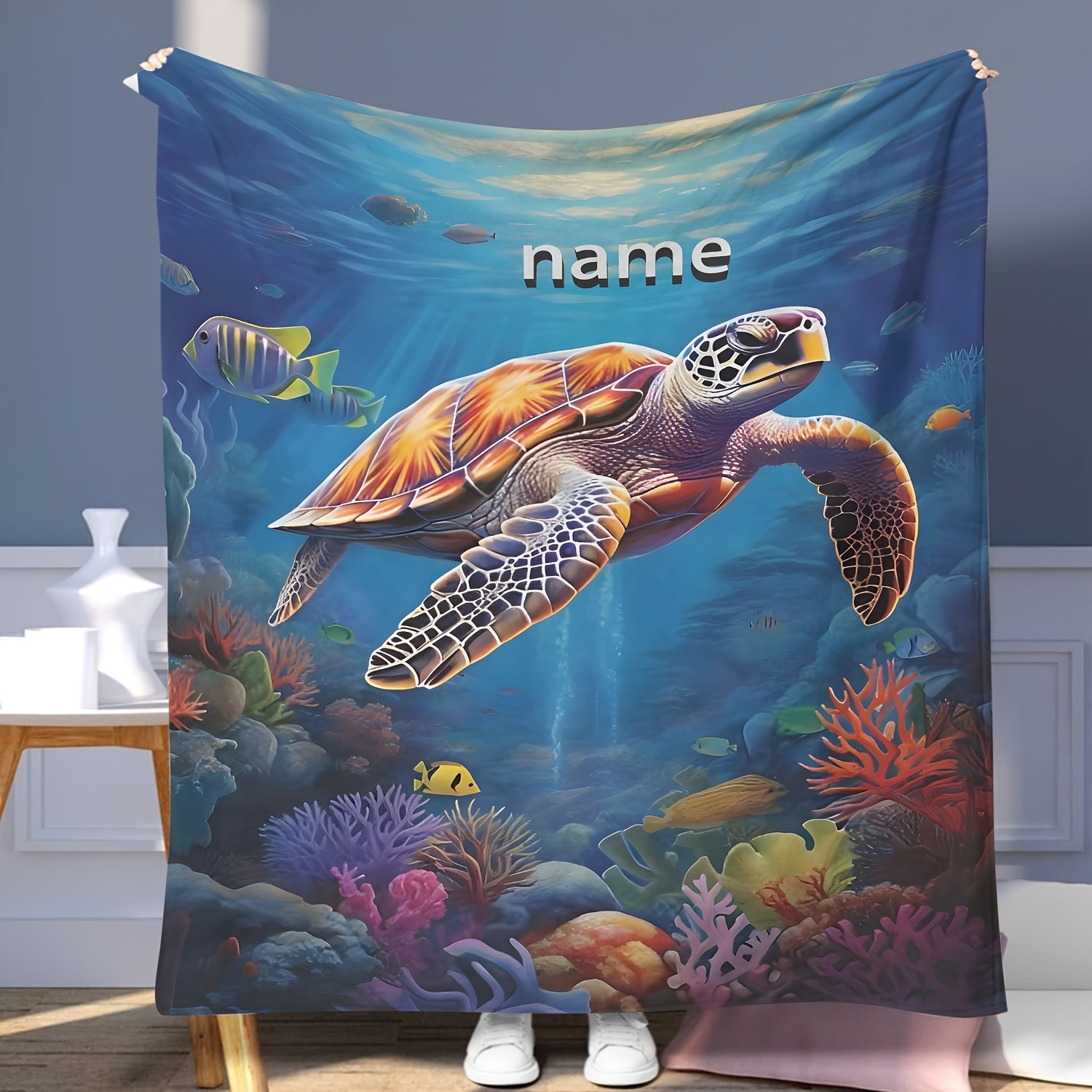 

Customizable Name Flannel Throw Blanket - Contemporary Sea Turtle Design, Soft And Lightweight, , Multipurpose For Couch, Bed, Office Nap - 100% Polyester Geometric-patterned Blanket