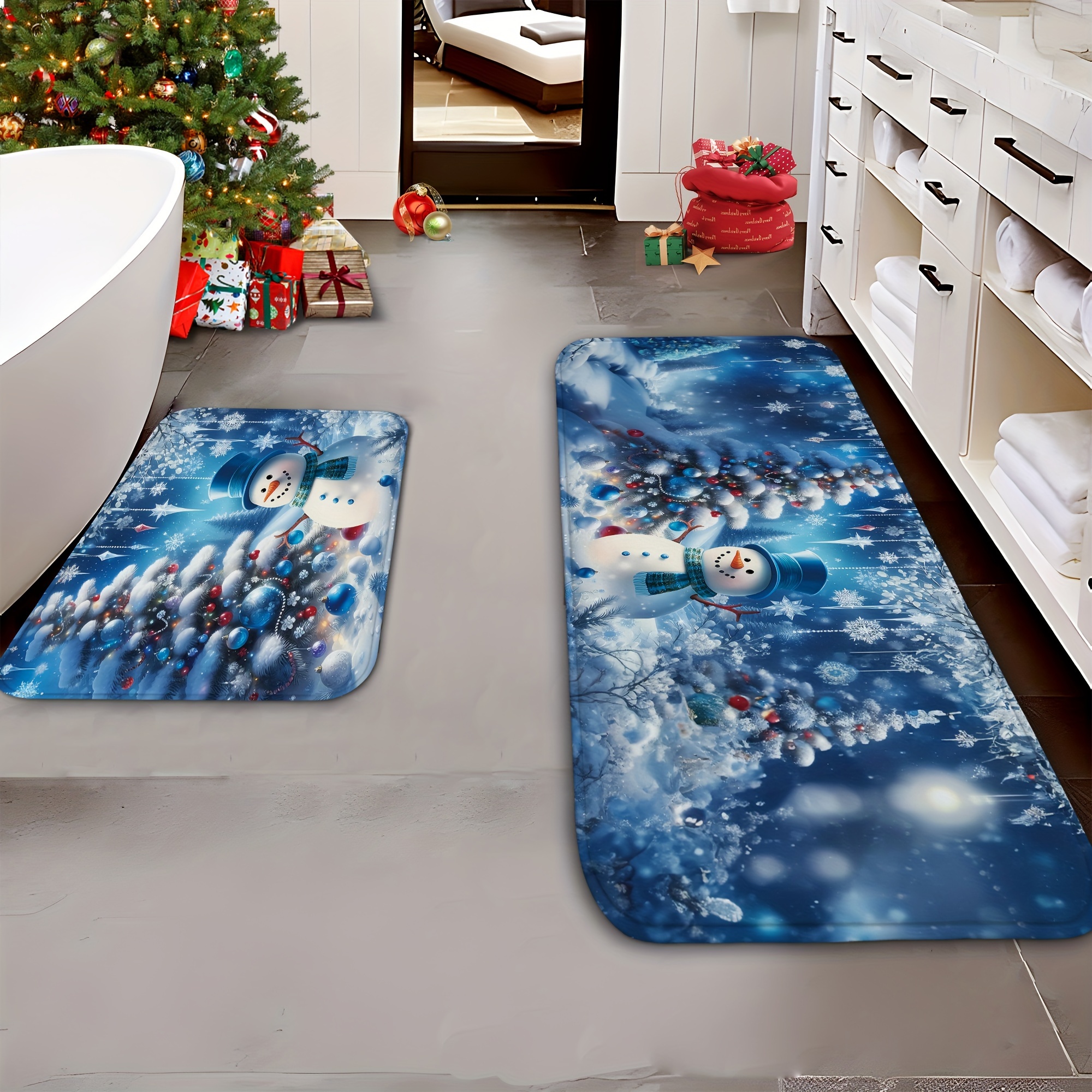 

2pcs Christmas Snowman & Bath Mat Set, Polyester Bathroom Rug, , Low , Rectangular, , For , 1.0cm , 500g/㎡