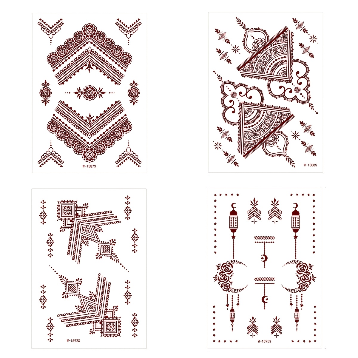 Image of 4pcs Red Lace Tattoos, Asian Indian Hana Temporary Tattoos, Hand Back Arm Body Tattoo Stickers, Bride Wedding Holiday Party Disposable Tattoo Stickers