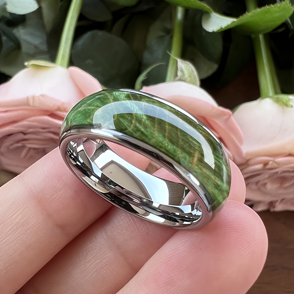 8mm Stainless Steel Ring For Men And Women's Wedding, Green Inlaid Dome Polished Shiny And