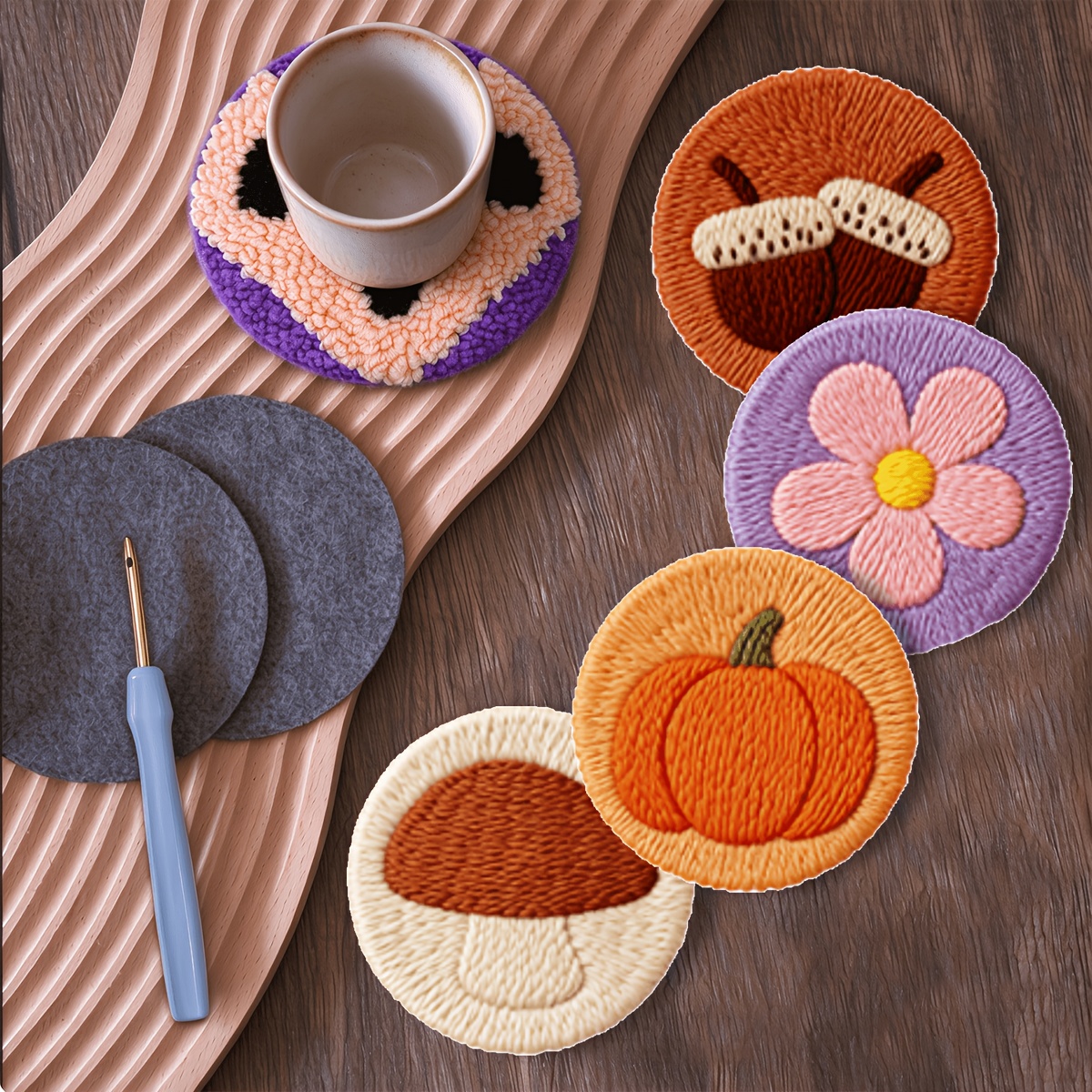 6pcs Round Coaster Thread-through Embroidery Kit for Beginners