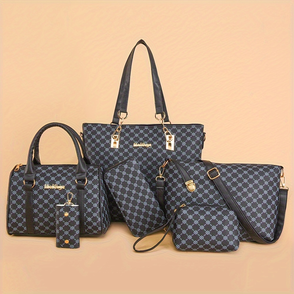 6pcs Women'S Fashionable Geometric Print PU Handbag Set