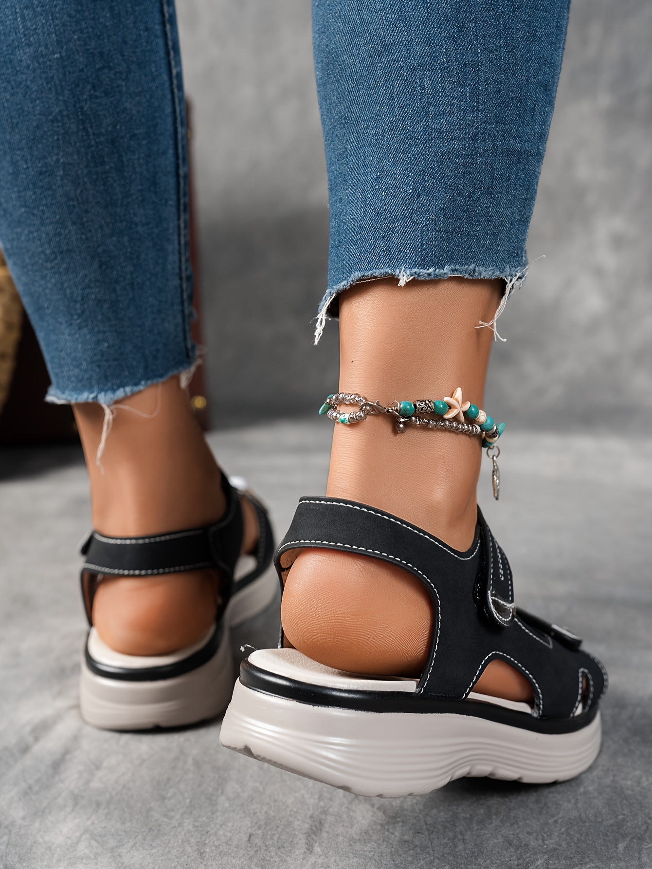 womens summer casual black platform wedge sandals open toe breathable pu upper ankle hook and loop closure solid color beachwear strappy sandals details 5