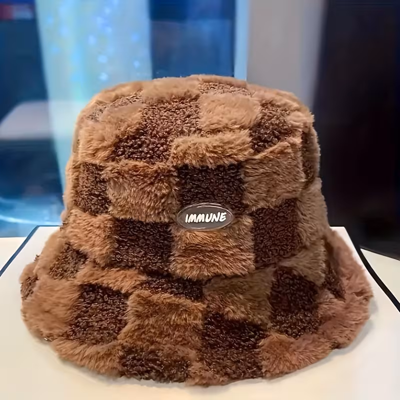 thickened and flannel style unisex trendy versatile sunshade bucket hat with plaid pattern sun hat for christmas new year gift Product details 4