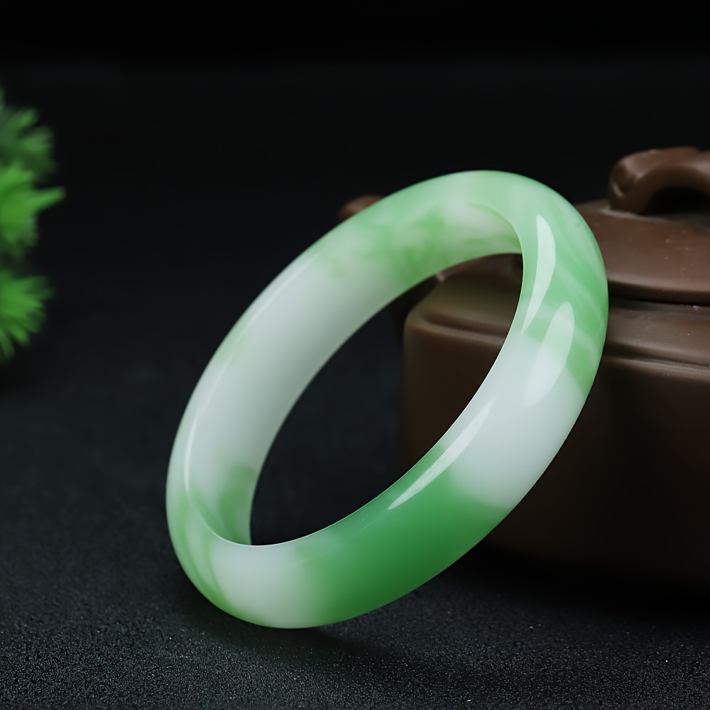 Exquisitely Carved Green Floral Two-Tone Bangle Bracelet
