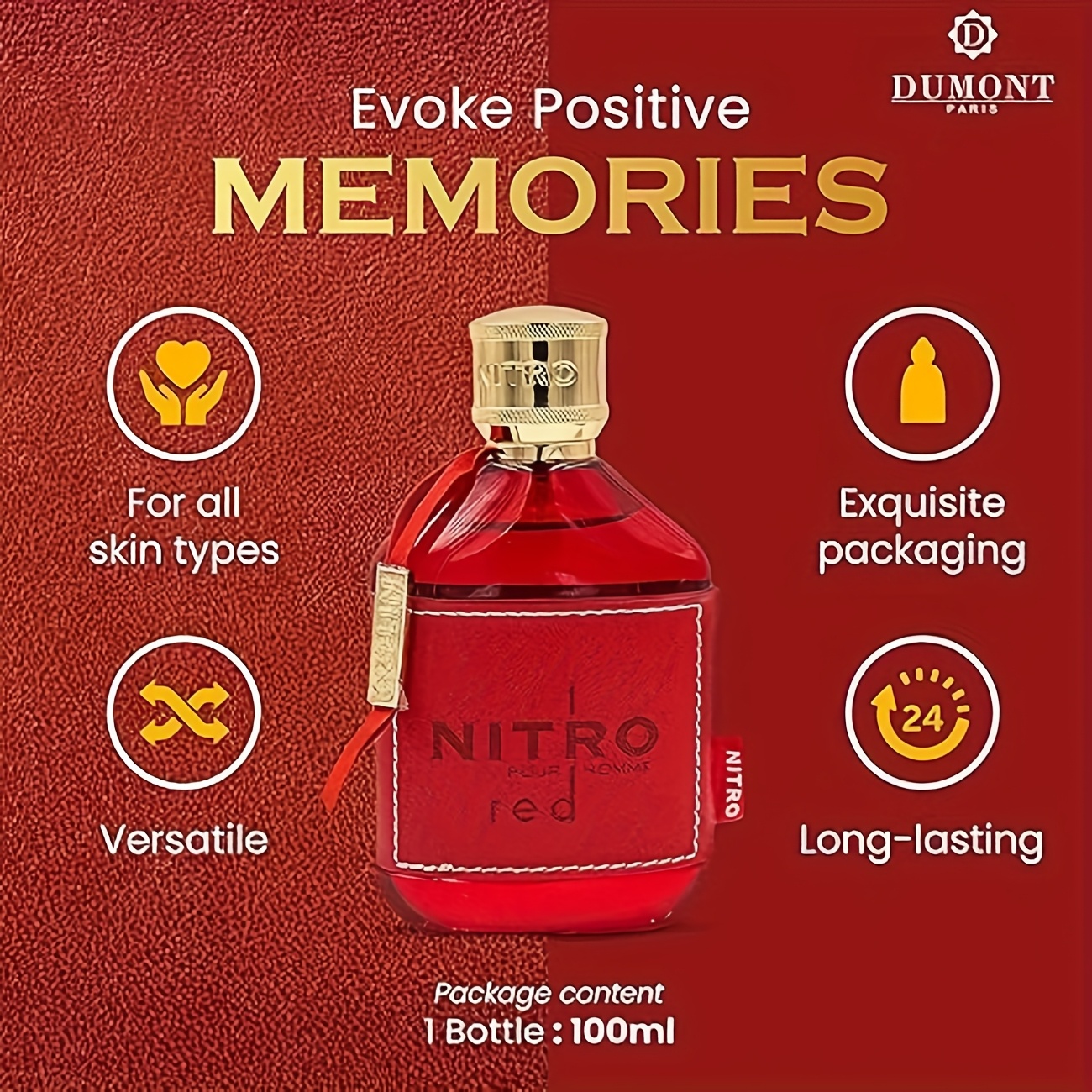 Dumont NITRO Rouge Parfum Homme Arabe - Longue Tenue 3.38oz - Fragrance Gratuite, Parfum de Luxe Moyen-Orient Dubaï pour Usage Quotidien, Travail, Rencontres, Cadeau de Saint-Valentin pour Lui