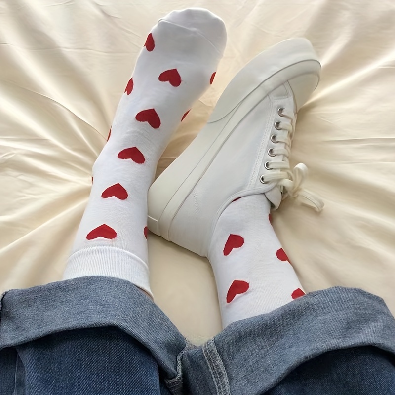 

Heart Print Socks, College Style Simple Mid Tube Socks, Women's Stockings & Hosiery