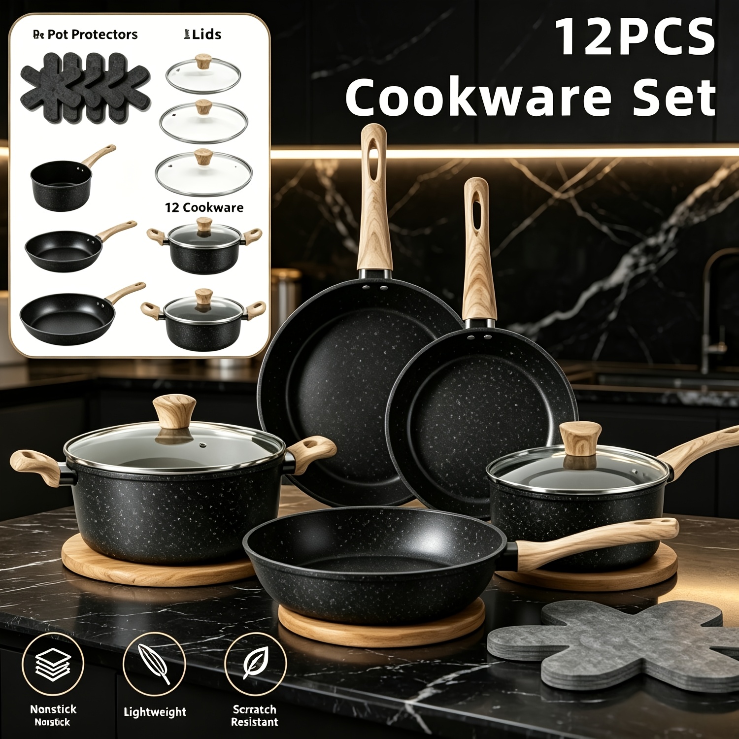 TEMU Ensemble de 12 casseroles et poêles, ensembles de batterie de cuisine, kit complet de batterie de cuisine antiadhésive avec poêles à ,