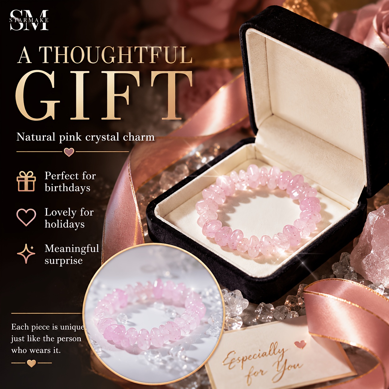 Women's SM Rose Quartz Chip Stretch Bracelet, Boho Style