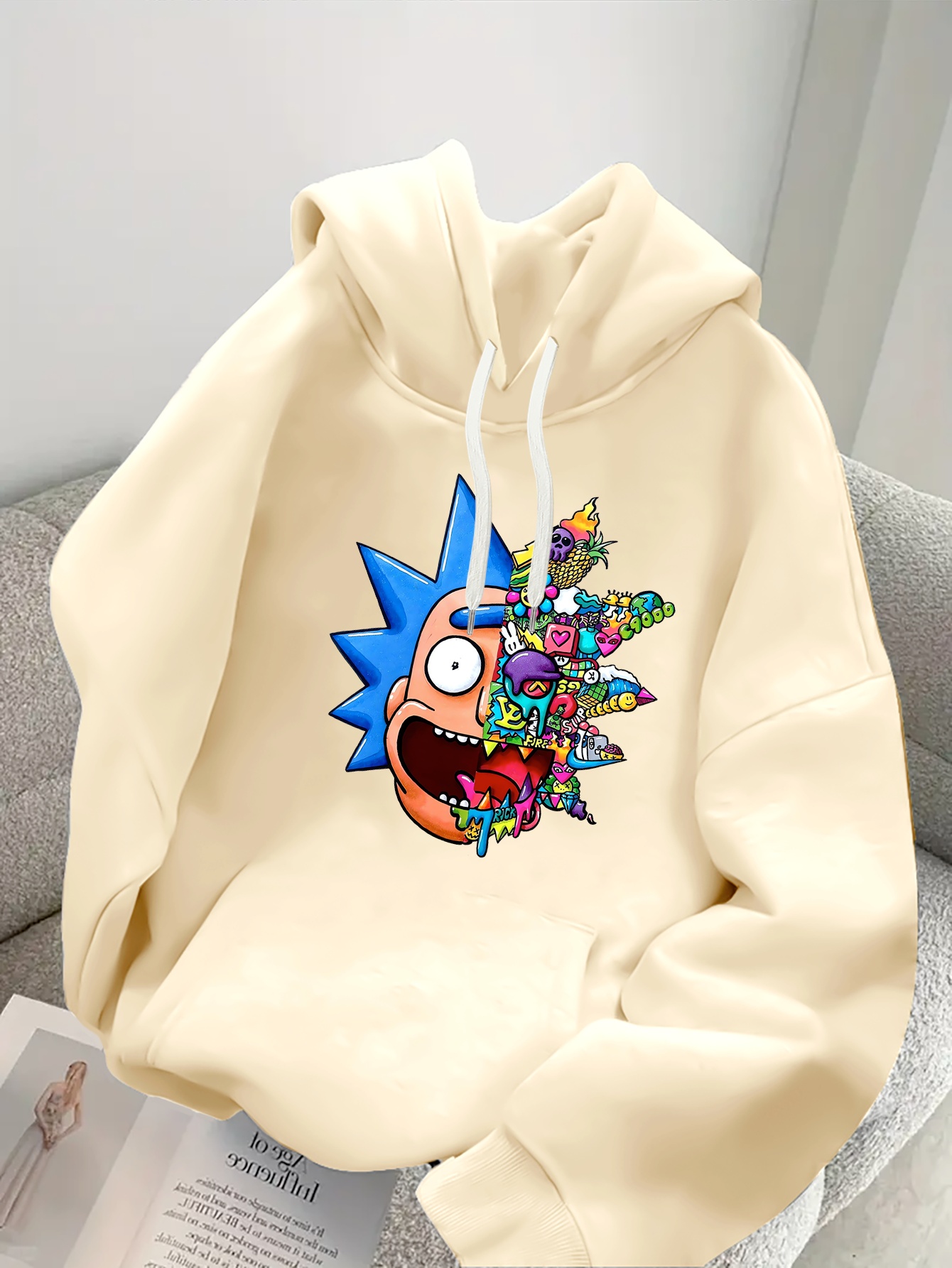    .   heren oversized hoodie - cartoon print met rick,   & meer, witte trekkoord pullover voor herfst/winter, casual losse pasvorm, hoodie voor winter, animatiepersonage kleding, comfortabele kleding 0