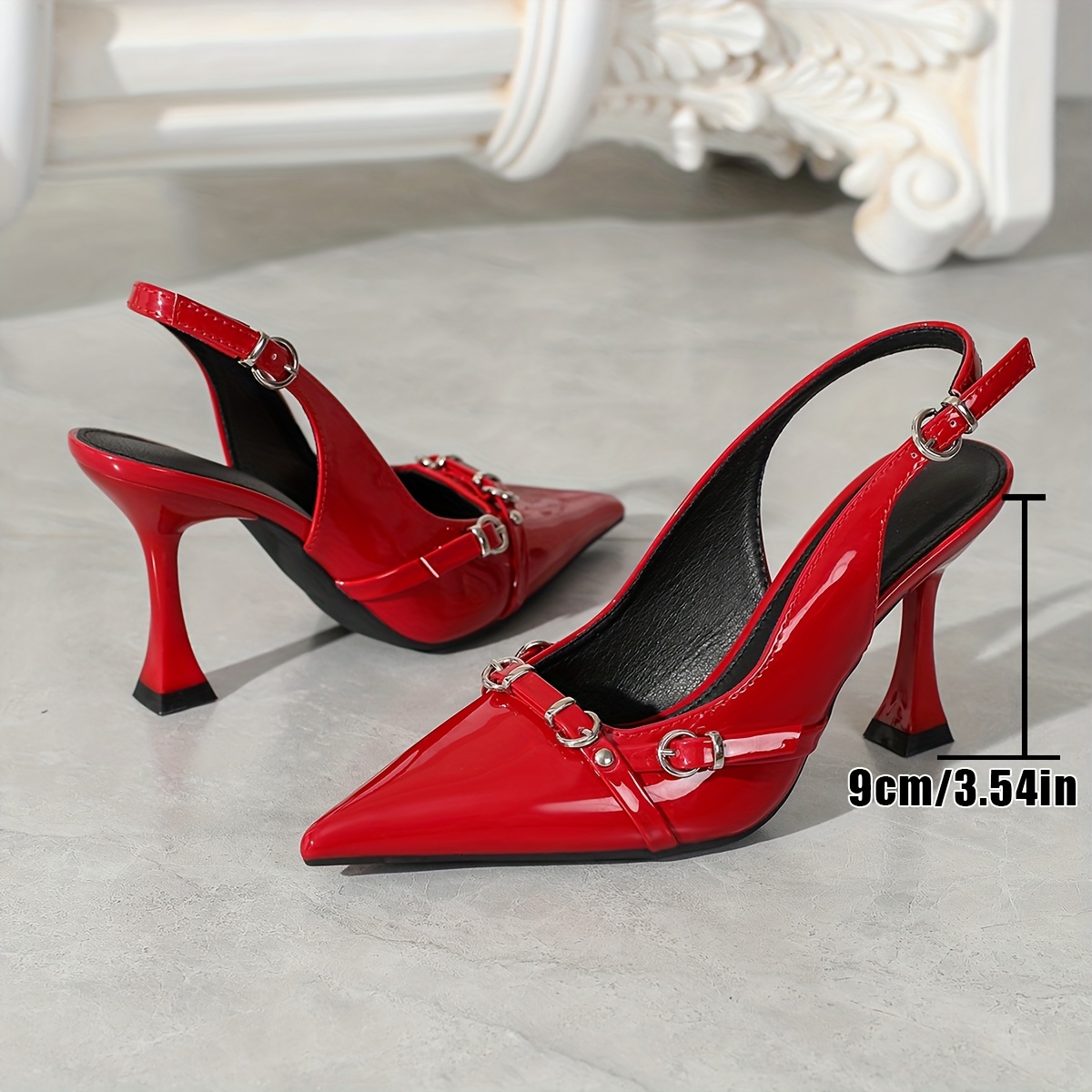 Pair of elegant pointed-toe high heels, featuring a sleek silhouette with shiny metallic buckle accents for an added touch of sophistication. The thin heel design effortlessly enhances your presence, perfect for both the workplace and evening events to showcase your unique charm