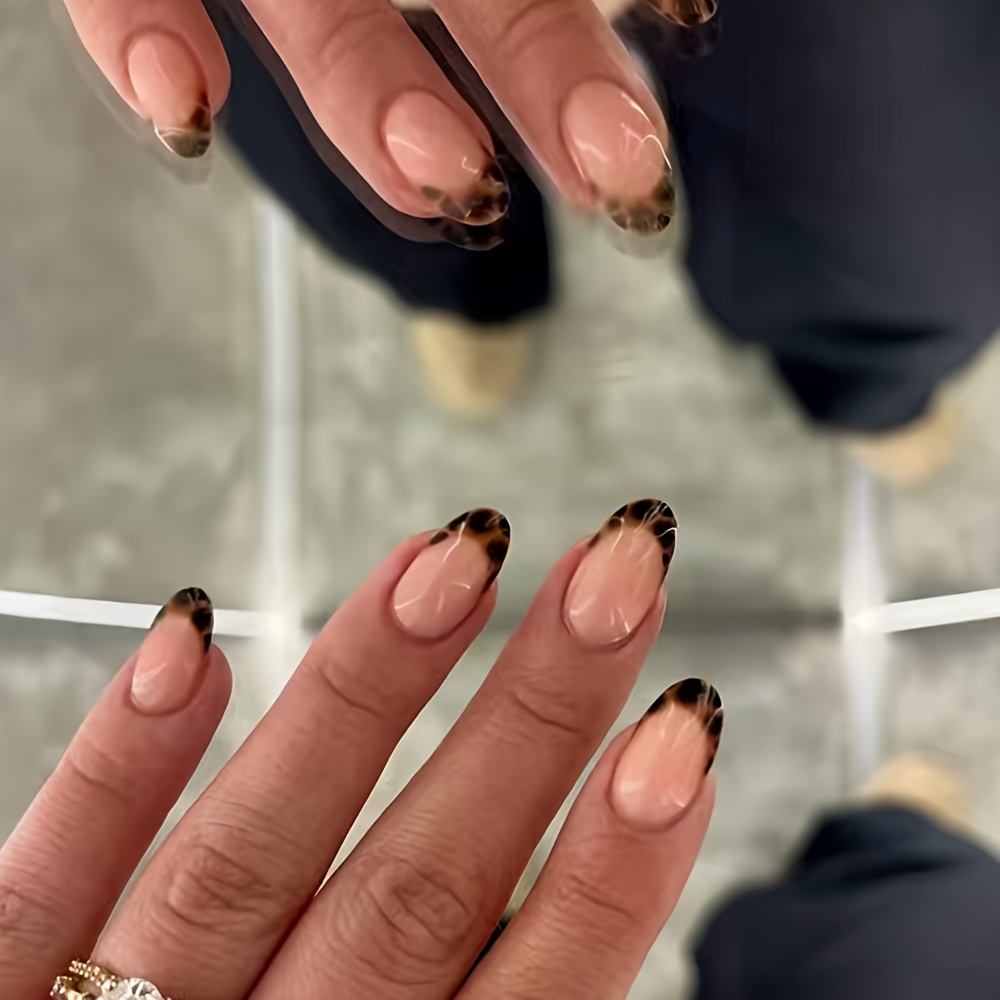 TEMU Simple Solid Color Leopard Print Short Round Design Press-on Nail Tips, 24pcs Short Oval Fake Nails, Removable,, Press-on Nails, Y2k Acrylic