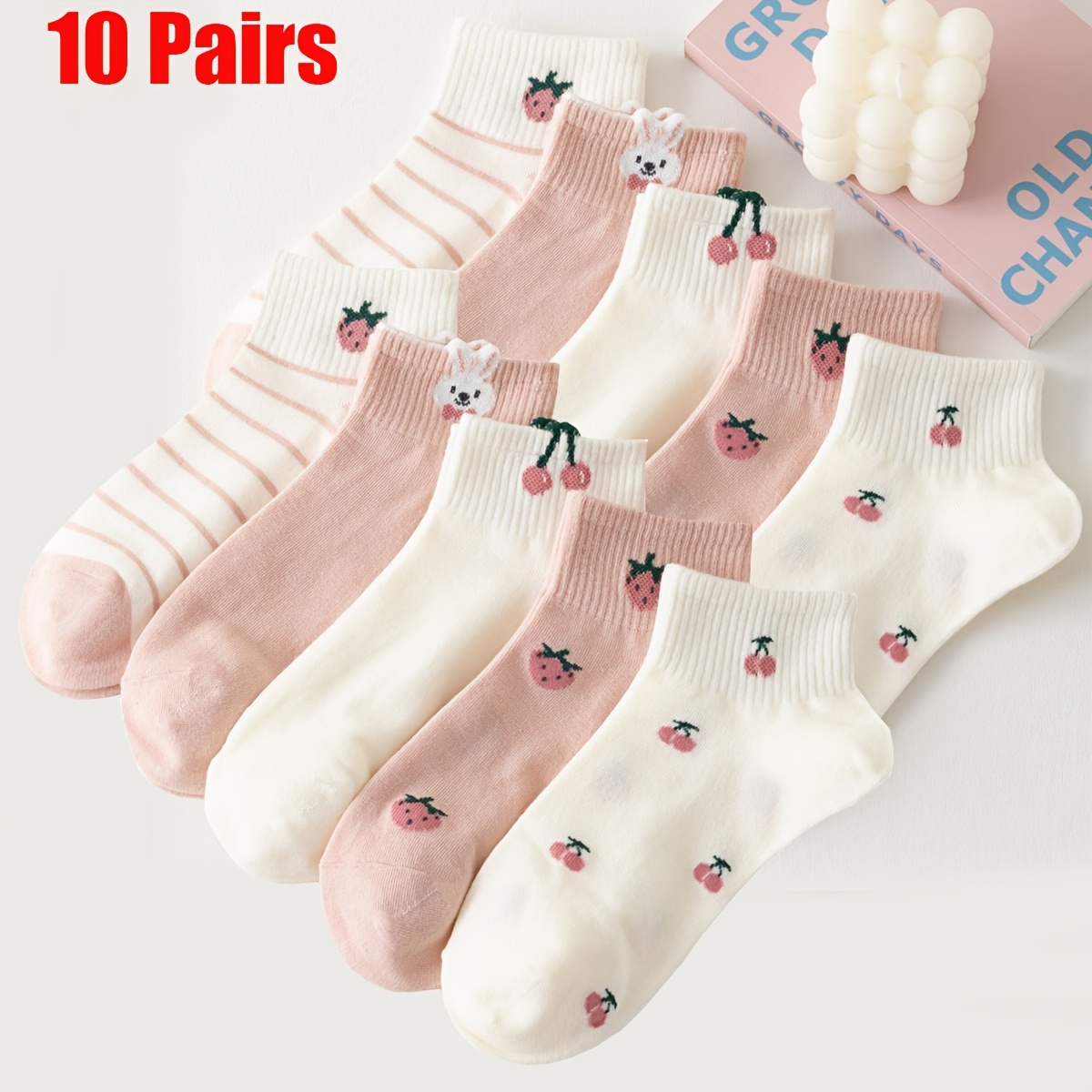 TEMU 10 Pairs Women's Cartoon Short Socks, French Fruit Strawberry Cherry Striped Pattern Ribbed Cuff Breathable Comfortable Toe-to-toe, Suitable For