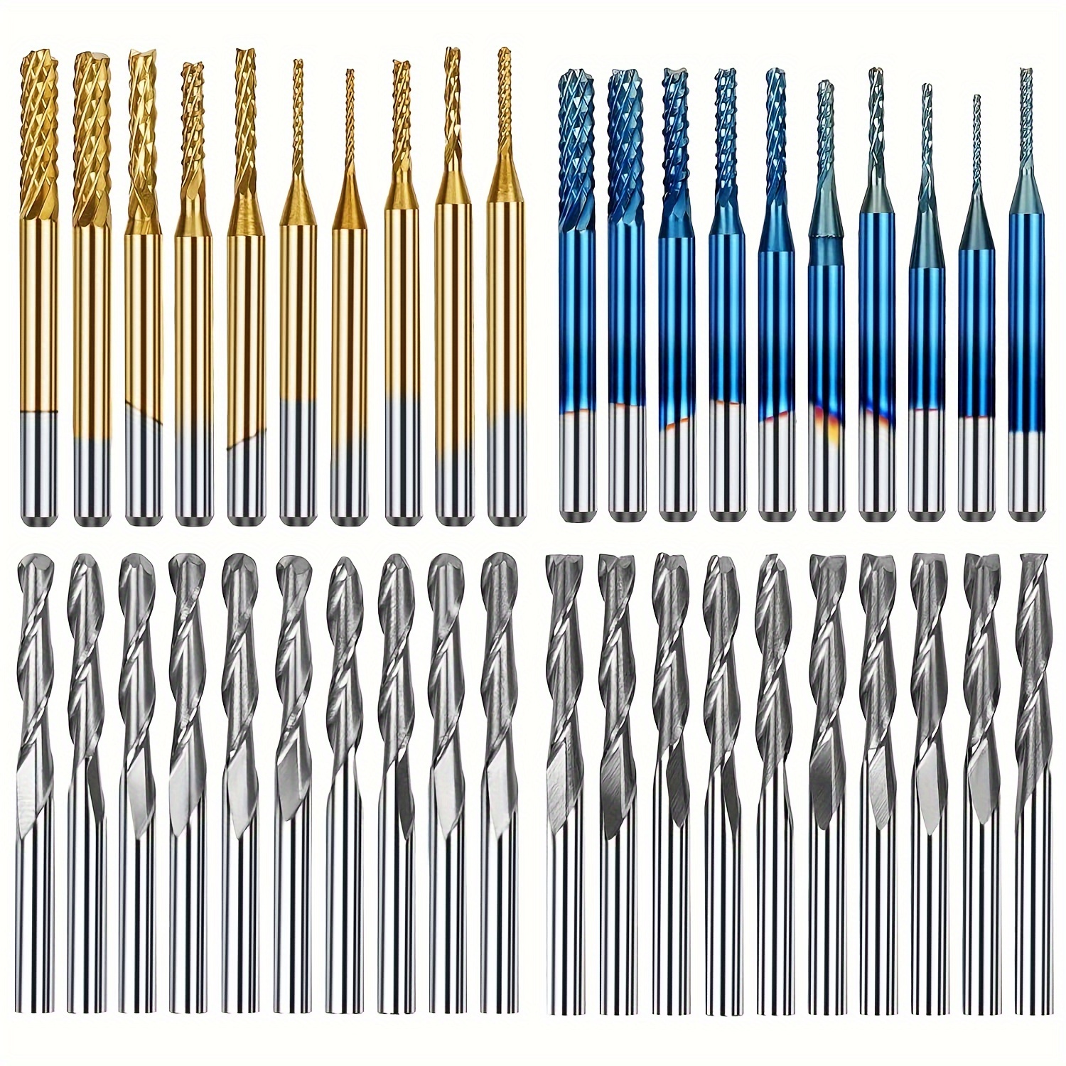 

40pcs Cnc Router Bit Set, 1/8" Shank Carving Bits, Titanium & Nano Blue Coated End Mills, 2 Flat And Ball Head Hard Alloy End Mills, Cutting Diameter 0.8-3.0mm, Length 38mm For Cnc Milling