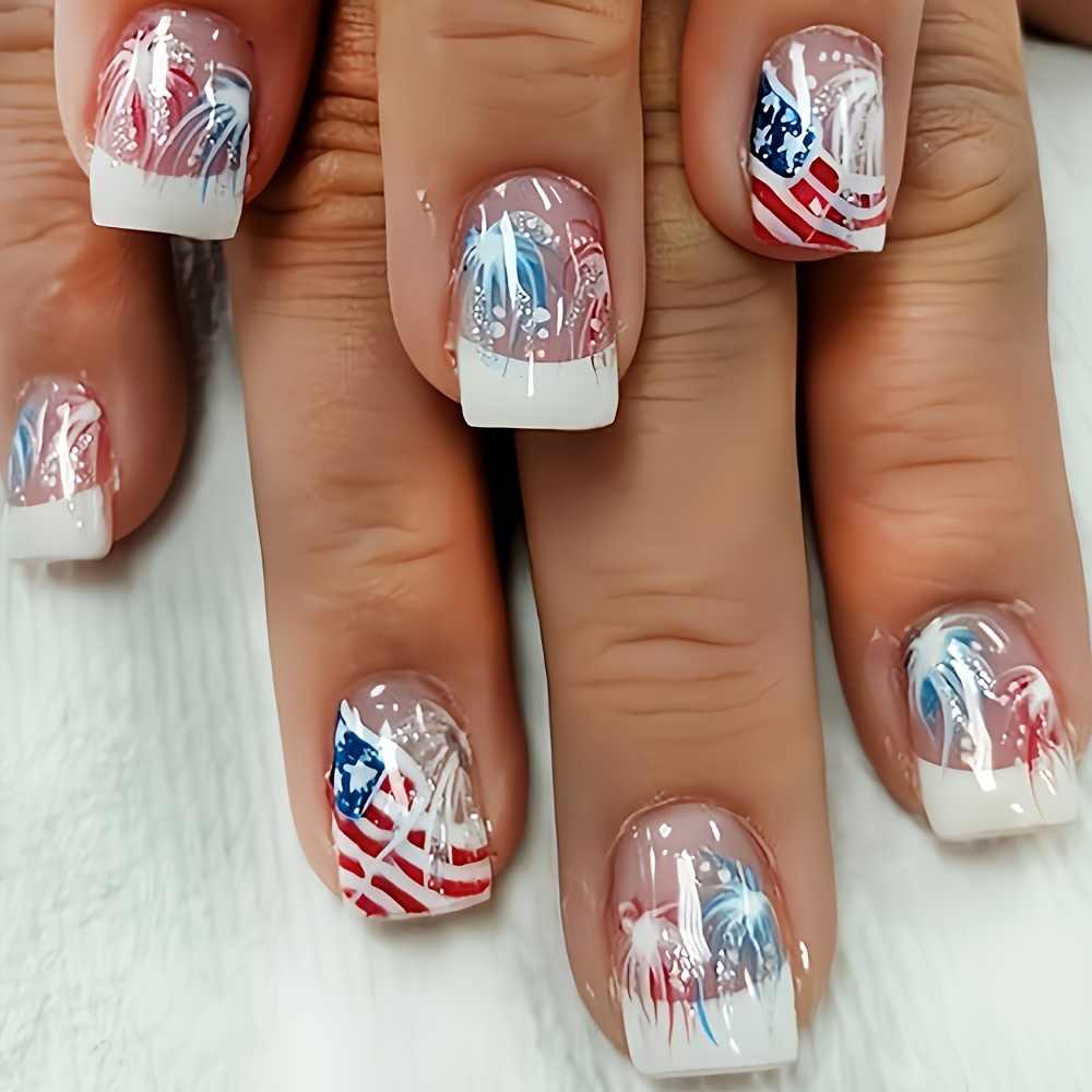 

24pcs Patriotic Press-on Nails Set, Mid-length Square Nails With Silvery Glitter, Fireworks Design, , Removable Adhesive Nail Kit For Women And Girls, Includes Jelly Glue & Nail File