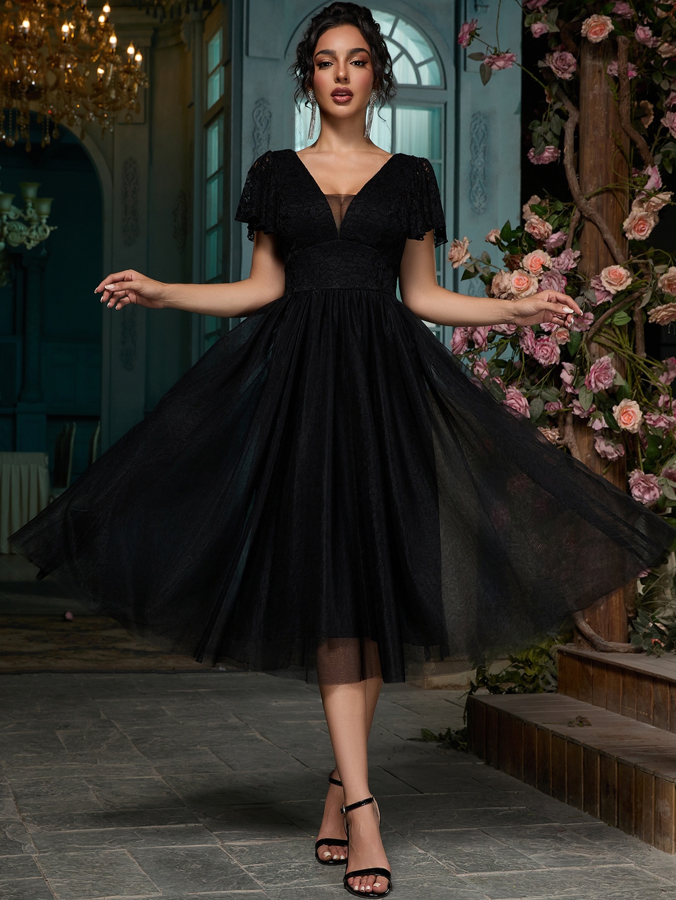 womens elegant v neck lace panel a line wedding dress tea