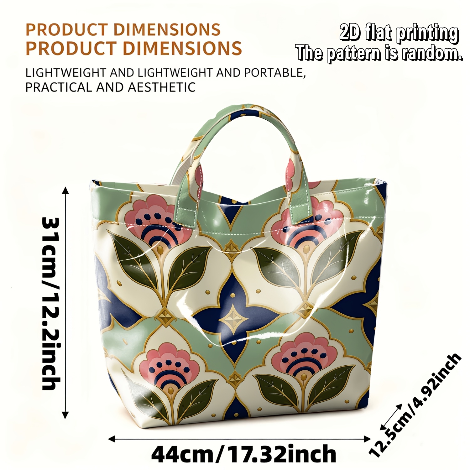 TEMU 1 ud. Bolso tote decorativo de PVC con floral retro, bolso de de gran capacidad para mujer, diseño reforzada 2026, bolso multiusos adecuado para