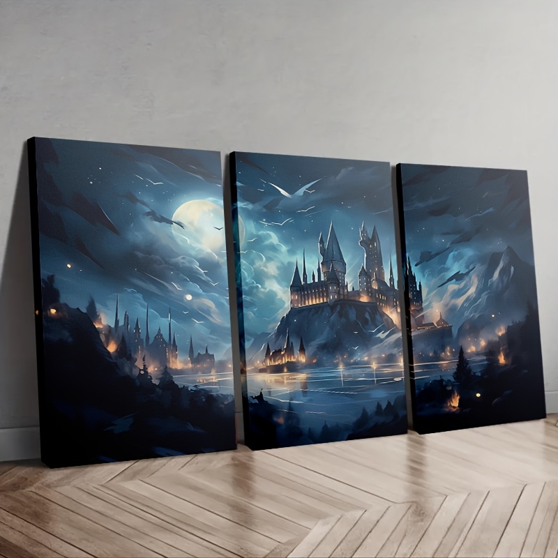 TEMU 2d Flat, 3pcs 2d Framed Triptych Canvas, Hogwarts Castle Night Scene, Fantasy Landscape, Ideal For Living Room, Bedroom, Office, Dining Room,